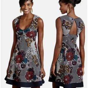 Anthro Maeve Navy Blue Fairchild Floral Fit and Flare Boho Twee Dress Small